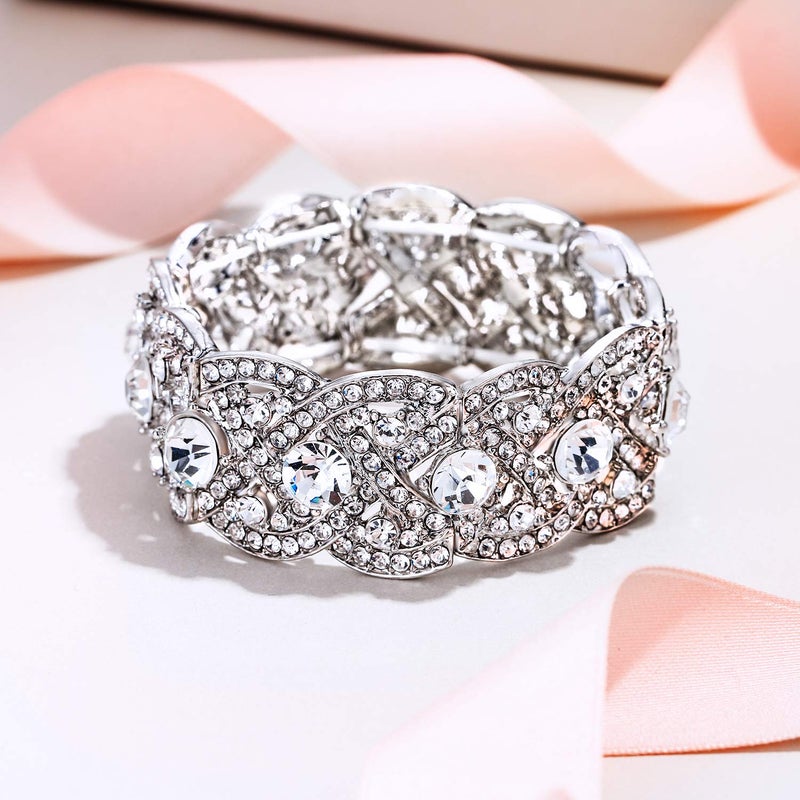 EVER FAITH Austrian Crystal Costume Jewelry Art Deco Elastic Stretch Bracelet Clear Silver-Tone - Image 1