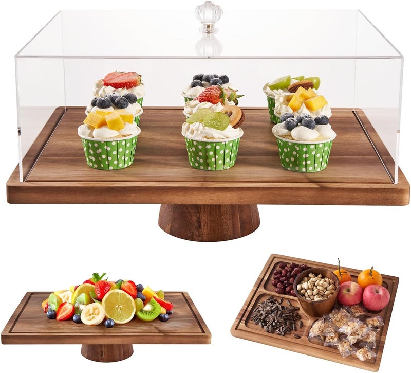 LiTY Large Cake Stand with Lid, 17″ Rectangular Multi-Functional Cake Holder, Acacia Solid Wood 2-in-1 Dessert Table Display Set, Charcuterie Board for Cheese ,Fruit Platter, Acrylic Cake Dome Cover - Image 1