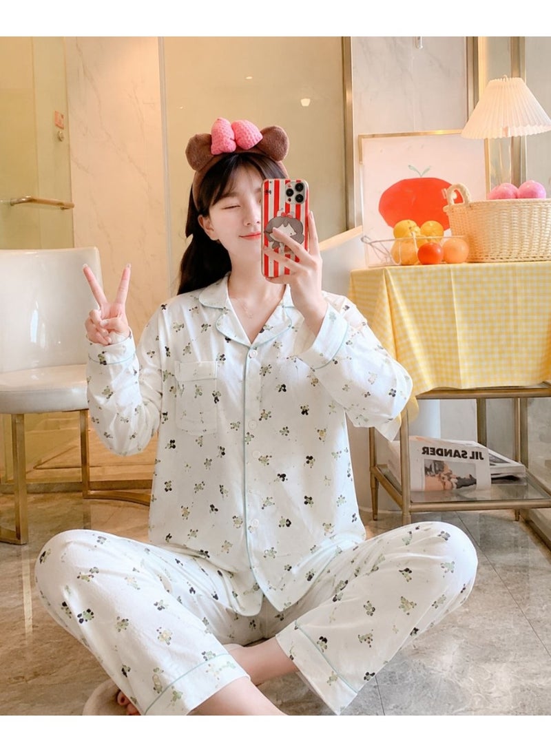 Women's Cute Print 2-Piece Pajama Set – Long Sleeve Button-Down Top & Pants Summer Sleepwear (Sizes M-XXL)