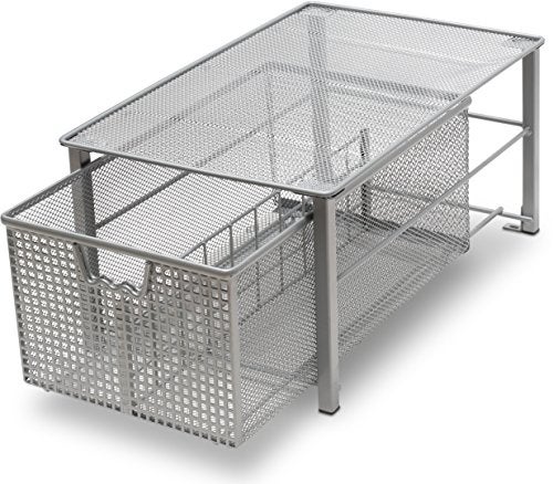 Deco Brothers Stackable Pull Out Cabinet Sliding Basket with Dividers, Large, Silver - Image 1