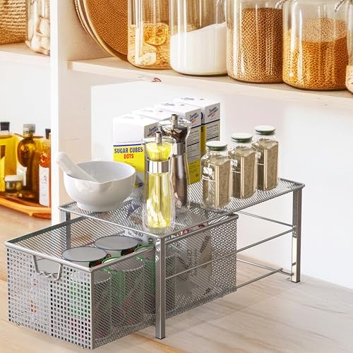 Deco Brothers Stackable Pull Out Cabinet Sliding Basket with Dividers, Large, Silver - Image 4