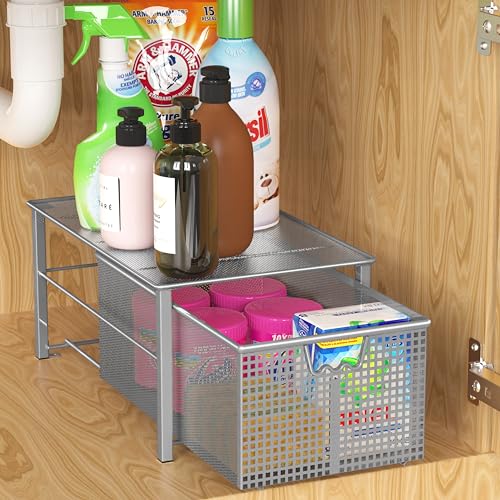 Deco Brothers Stackable Pull Out Cabinet Sliding Basket with Dividers, Large, Silver - Image 2