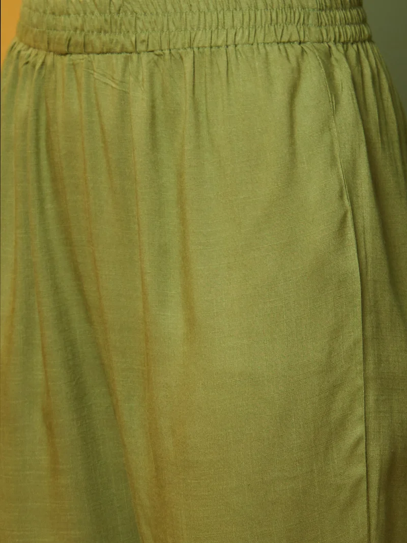 globus Women Green & White Floral Printed Panelled A-Line Kurta With Trouser