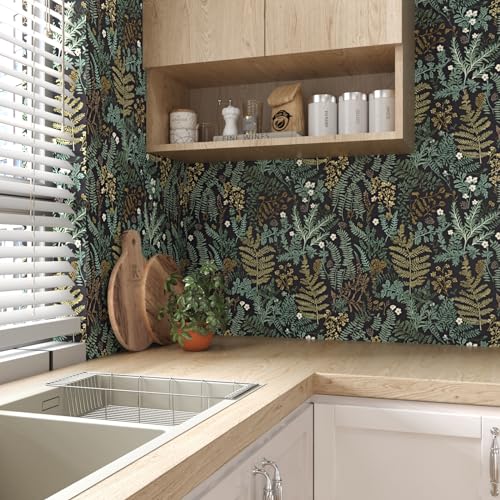Laatse Black Botanical Peel and Stick Wallpaper, Green Golden Leaf Contact Paper 17.5" x 393.7", Jungle Wall Paper Murals Removable Self Adhesive Waterproof for Room Walls Shelves Cabinet Drawer Table - Image 3