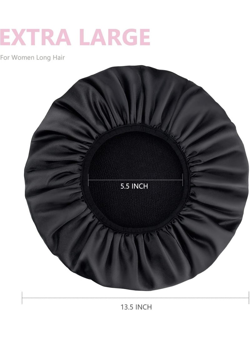 Loquat Shower Cap, Extra Large Triple Layer Bathing Cap with Dry Hair Function, Waterproof Long Hair Bath Caps (Black) - Image 2