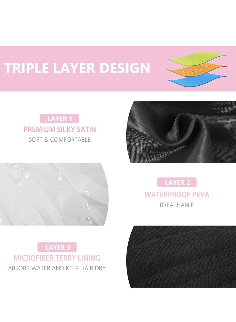 Loquat Shower Cap, Extra Large Triple Layer Bathing Cap with Dry Hair Function, Waterproof Long Hair Bath Caps (Black) - Image 3