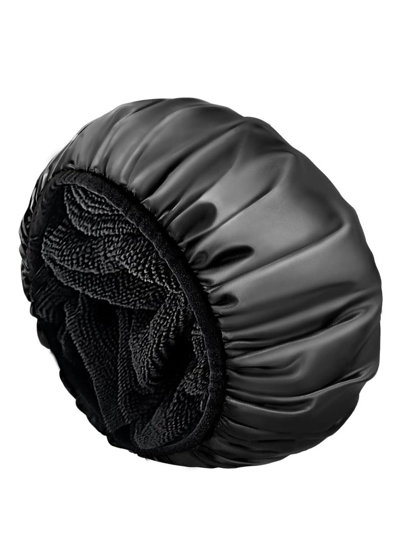 Loquat Shower Cap, Extra Large Triple Layer Bathing Cap with Dry Hair Function, Waterproof Long Hair Bath Caps (Black) - Image 1
