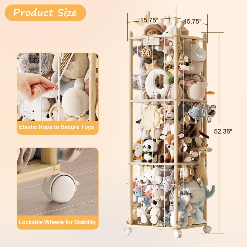 EXPERLAM Stuffed Animal Storage,Wood Stuffed Animal Storage Zoo with Wheels,Vertical Stuffed Animal Holder with Thicker Elastic Band, Toy Storage Organizer Kids for Playroom, Living Room, Nurseryroom, Bedroom - Image 2