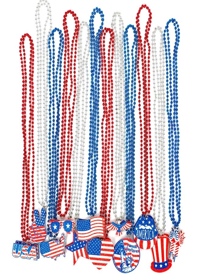 EOBOH 4th of July Necklace, 24PCS Fourth of July Beads, 12 Kinds Independence Day USA Fireworks Shape Red Blue Silver Bead Decor, Patriotic Beads Bulk for Parade Party Celebration - Image 1