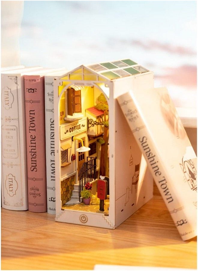 Robotime Diy Book Nook Kit Bookend Stand Bookshelf Insert Bookcase Book Stand Miniature House Kit With Sensor Light 3D Wooden Puzzle Model Building Kit (Sunshine Town)  - Image 3