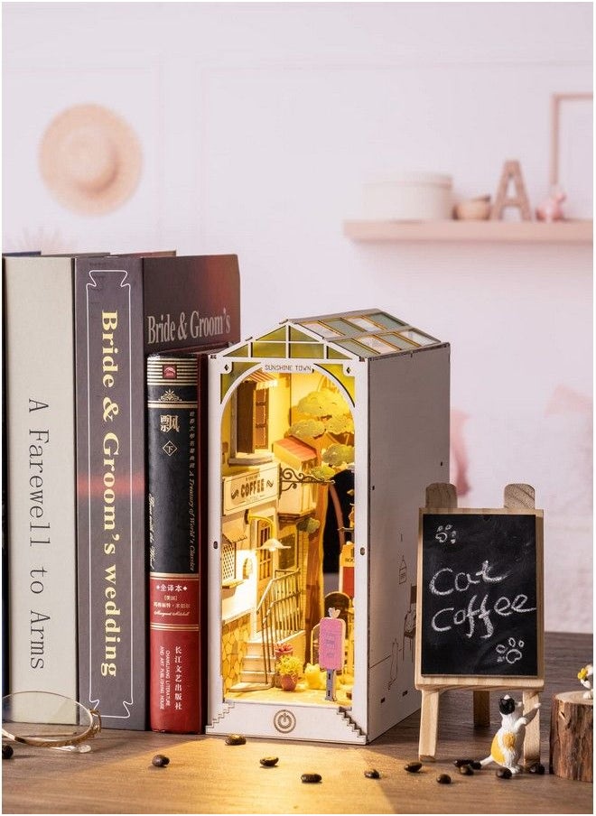 Robotime Diy Book Nook Kit Bookend Stand Bookshelf Insert Bookcase Book Stand Miniature House Kit With Sensor Light 3D Wooden Puzzle Model Building Kit (Sunshine Town)  - Image 5