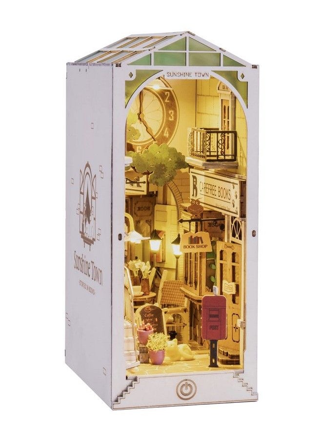 Robotime Diy Book Nook Kit Bookend Stand Bookshelf Insert Bookcase Book Stand Miniature House Kit With Sensor Light 3D Wooden Puzzle Model Building Kit (Sunshine Town)  - Image 2