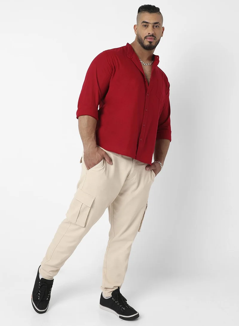 Instafab Plus Instafab Plus Men's Crimson Red Basic Button-Up Shirt For Casual Wear | Mandarin Collar | Long Sleeve | Button Closure | Shirt Crafted With Comfort Fit For Everyday Wear