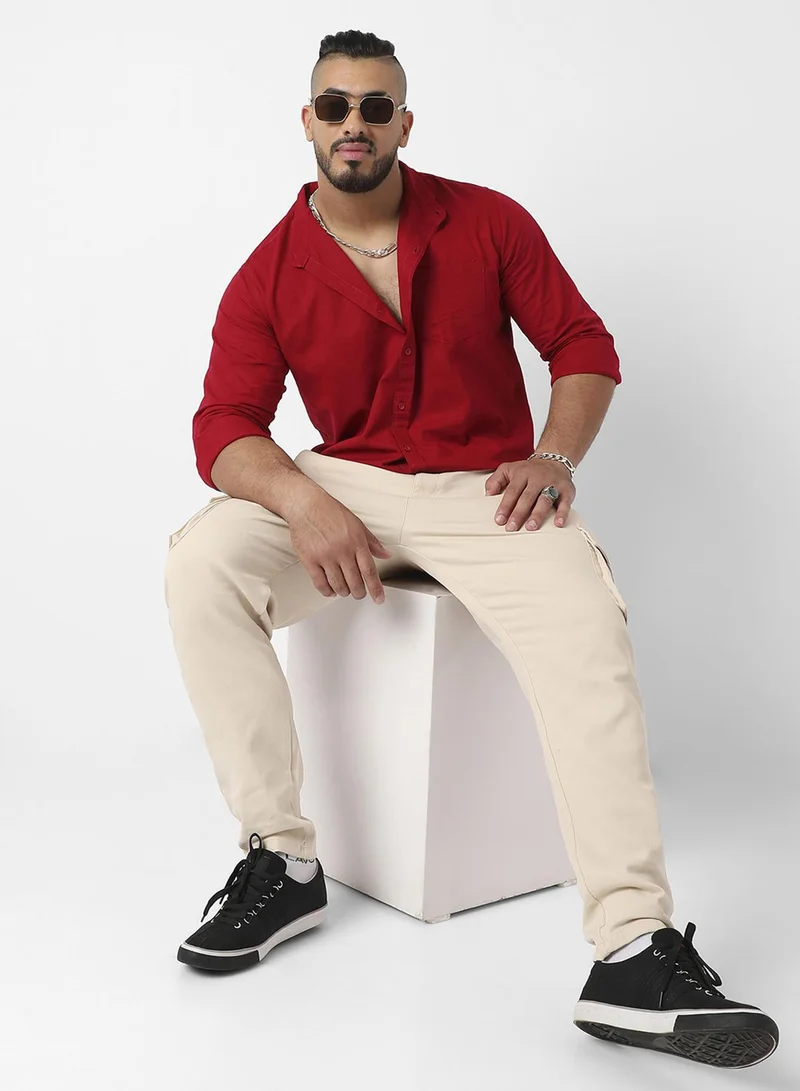 Instafab Plus Instafab Plus Men's Crimson Red Basic Button-Up Shirt For Casual Wear | Mandarin Collar | Long Sleeve | Button Closure | Shirt Crafted With Comfort Fit For Everyday Wear