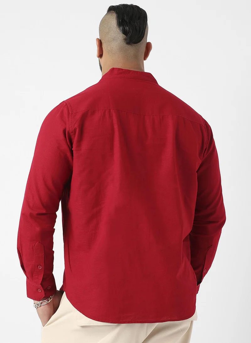 Instafab Plus Instafab Plus Men's Crimson Red Basic Button-Up Shirt For Casual Wear | Mandarin Collar | Long Sleeve | Button Closure | Shirt Crafted With Comfort Fit For Everyday Wear