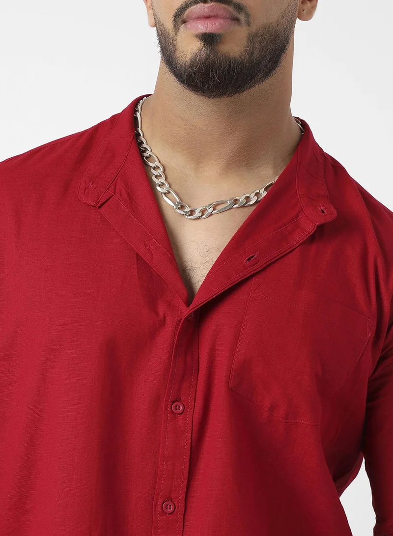 Instafab Plus Instafab Plus Men's Crimson Red Basic Button-Up Shirt For Casual Wear | Mandarin Collar | Long Sleeve | Button Closure | Shirt Crafted With Comfort Fit For Everyday Wear