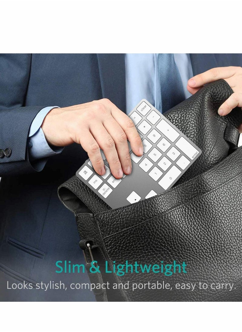 Bluetooth Number Pad, Rechargeable Wireless Numeric Keypad Slim 34-Keys External Numpad Keyboard Data Entry(Silver)
