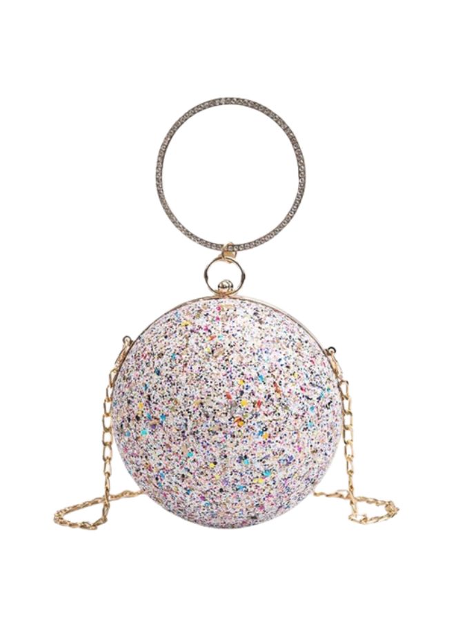 Ball Shape Clutch Purse Party Handbag | Rhinestone Ring Handle Evening Bag | White  - Image 1
