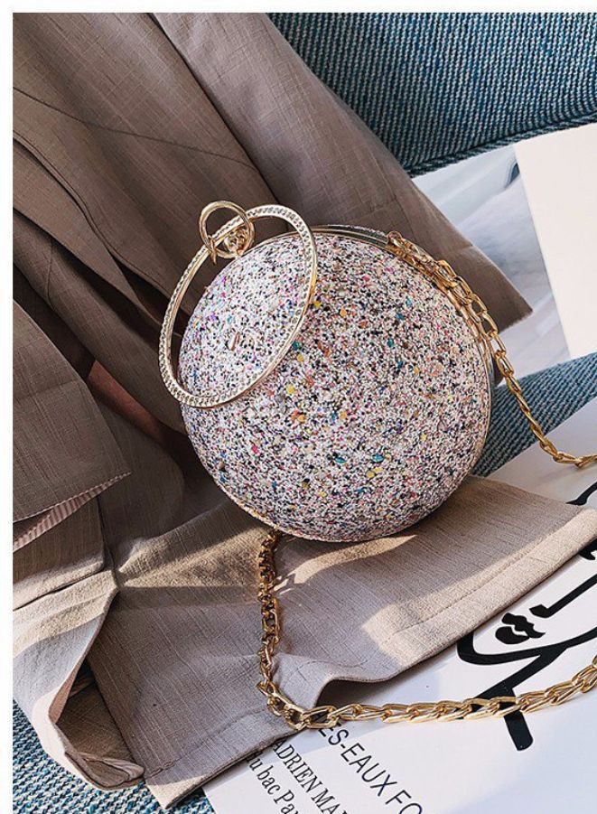 Ball Shape Clutch Purse Party Handbag | Rhinestone Ring Handle Evening Bag | White  - Image 4