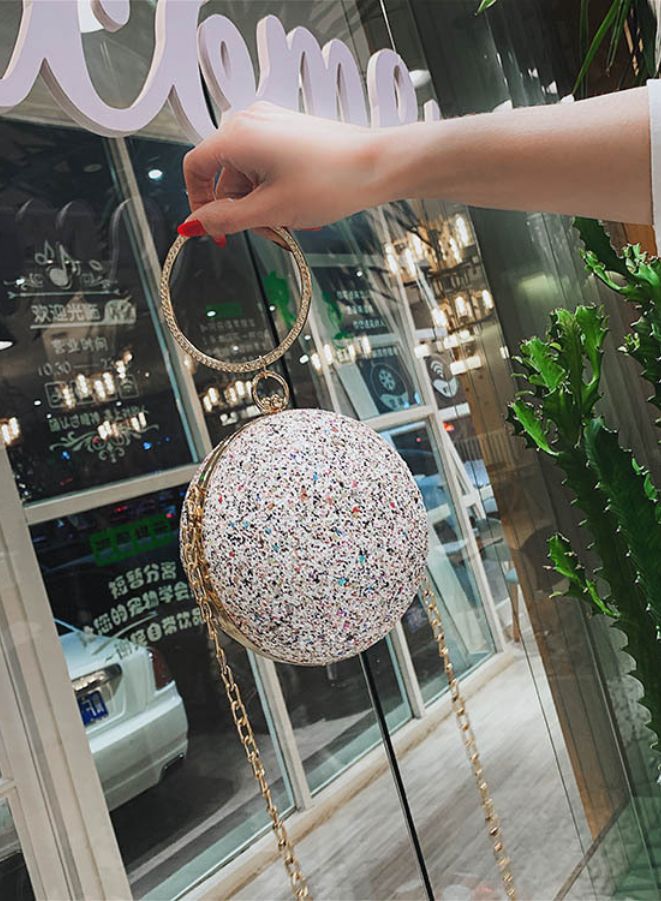 Ball Shape Clutch Purse Party Handbag | Rhinestone Ring Handle Evening Bag | White  - Image 2