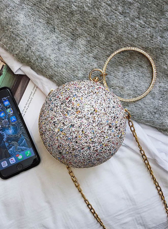 Ball Shape Clutch Purse Party Handbag | Rhinestone Ring Handle Evening Bag | White  - Image 3