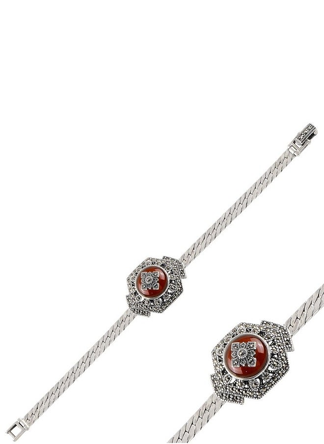 EMNON - 925 Silver-Red Agate & Marcasite Bracelet-High-Quality Jewelry in UAE Dubai 100% Precious Metal Gift for Women-EMNON83BR-B98584 - Image 1