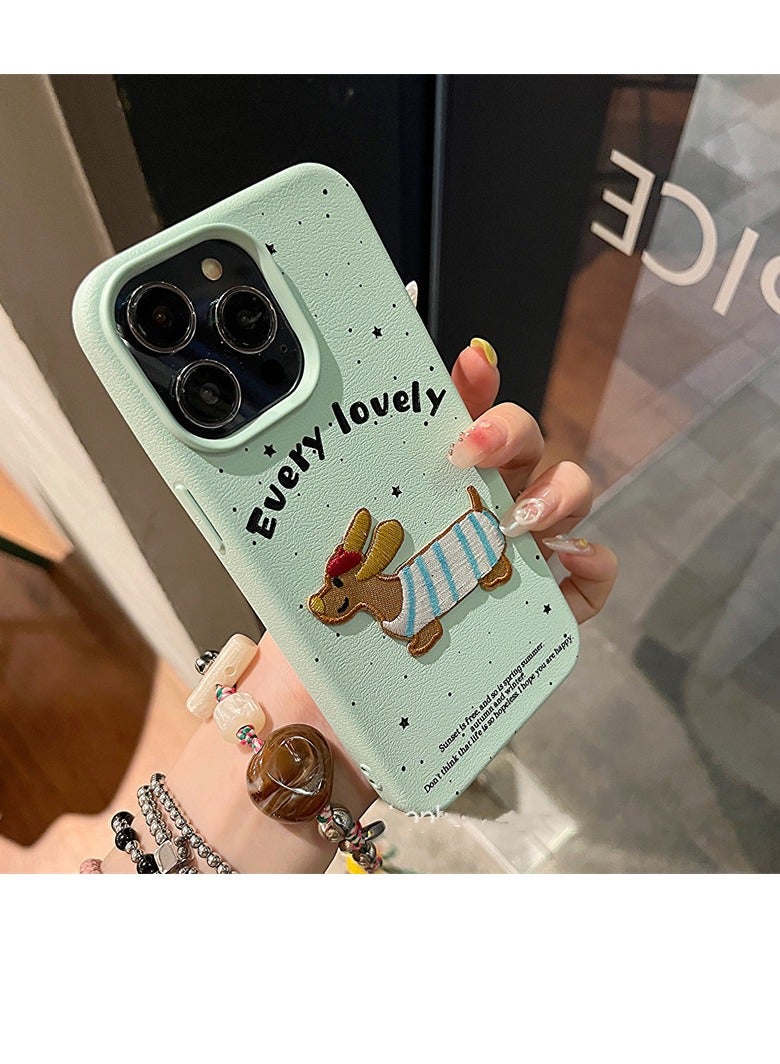 NIBEMINENT Lychee Pattern Green Base Embroidered Sausage Dog Protective TPU Case Cover For iPhone 17