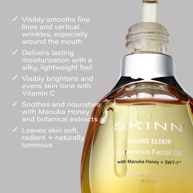 SKINN Anti-Aging Luminous Face Oil for Sensitive Dry & Mature Skin - Lightweight, Non-Greasy Facial Oil Reduces Fine Lines & Wrinkles - Manuka Honey & Vitamin C - Moisturizing Oil for Deep Hydration - Image 3