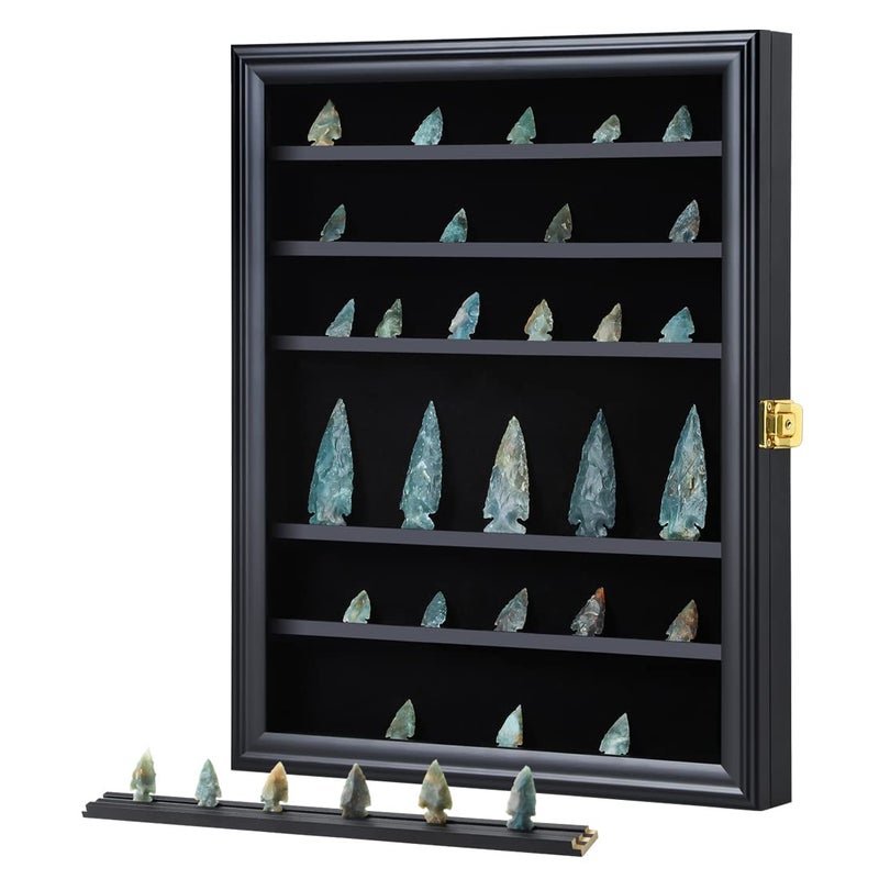 KCRasan KCRasan Arrowhead Display Case Native American Arrowhead Shadow Box Wall Mount Arrowhead Collection Display Cabinet with Uv Protection for Agate Opal Crystal Stone Arrowheads Spear Points Rocks Black 
