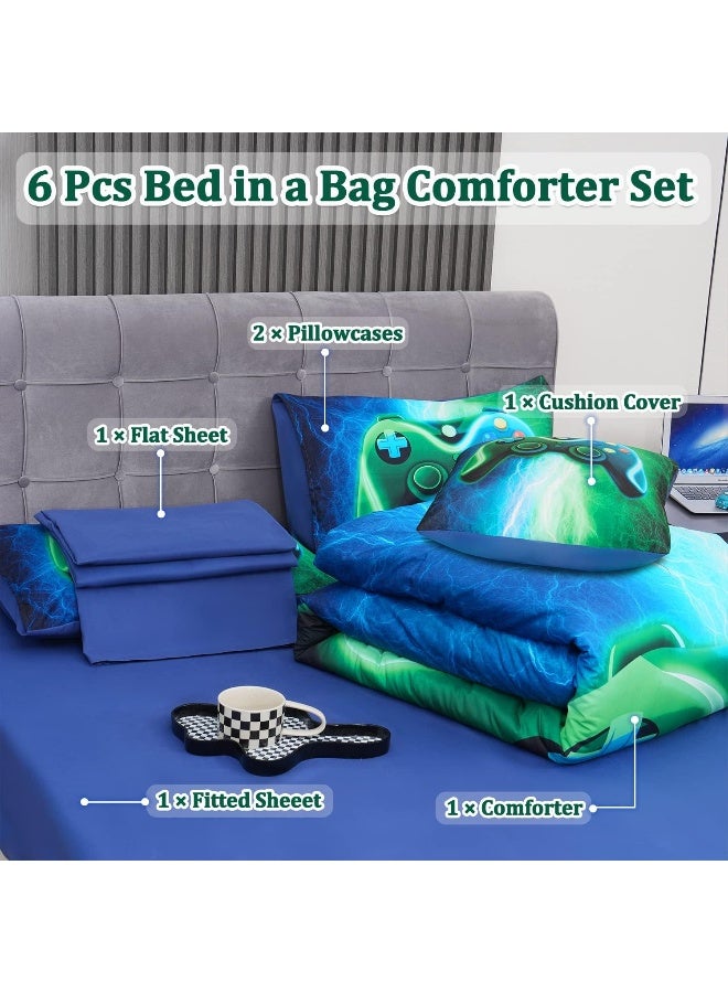 ASKOTU 6 Pcs Gaming Comforter Sets for Boys, Blue Green Lightnings Bed in A Bag Full Size Gamer Bedding Set with Sheets for Kids  - Image 2