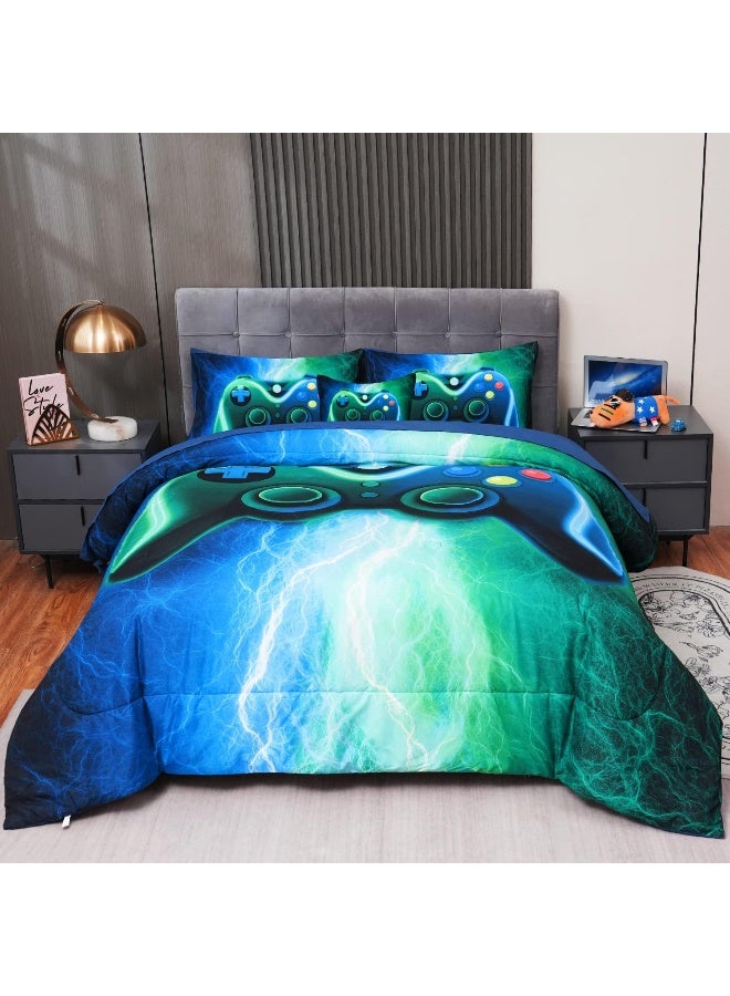 ASKOTU 6 Pcs Gaming Comforter Sets for Boys, Blue Green Lightnings Bed in A Bag Full Size Gamer Bedding Set with Sheets for Kids  - Image 3
