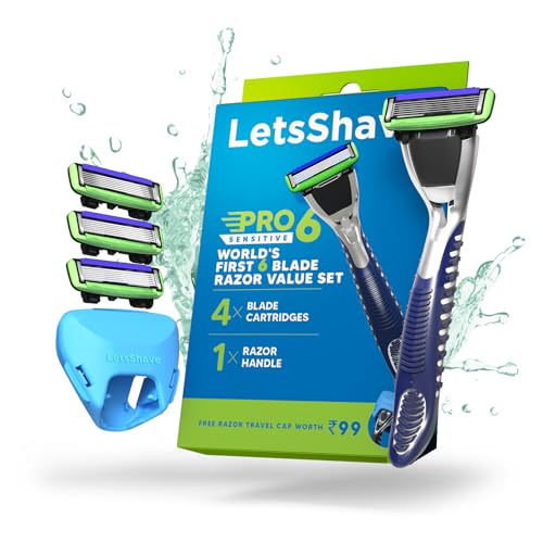 LetsShave Pro 6 Sensitive Shaving Razor Value Set, 4 Blades 1 Handle + Razor Cap, World's First 6-Blade Razor with Precision Back Blade Argan Oil & Aloe Vera Infused moisturizing strip, Shaving Kit - Image 1