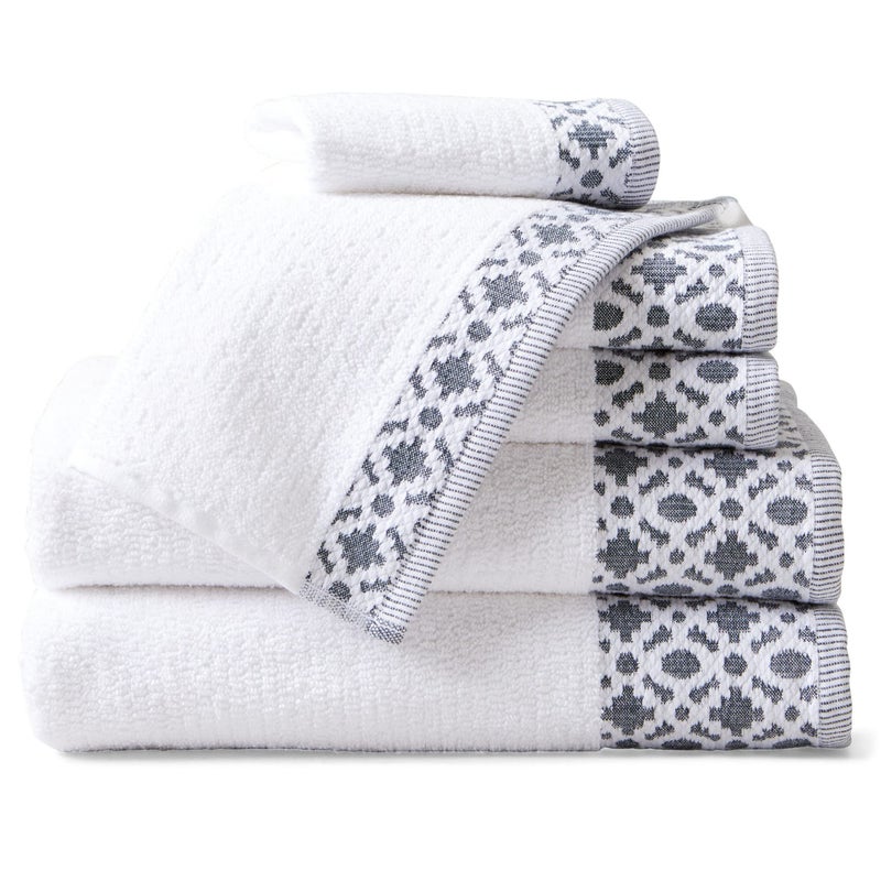 Market & Place 100 Turkish Cotton Luxury Towel Set  Super Soft and Highly Absorbent  Textured Dobby Border  550 GSM  2 Bath Towels 2 Hand Towels  2 Washcloths  Nitra Collection White  Dark Grey