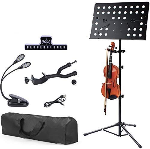 Klvied Professional Sheet Music Stand with Violin Hanger Folding Portable Violin Stand With Travel Case Black