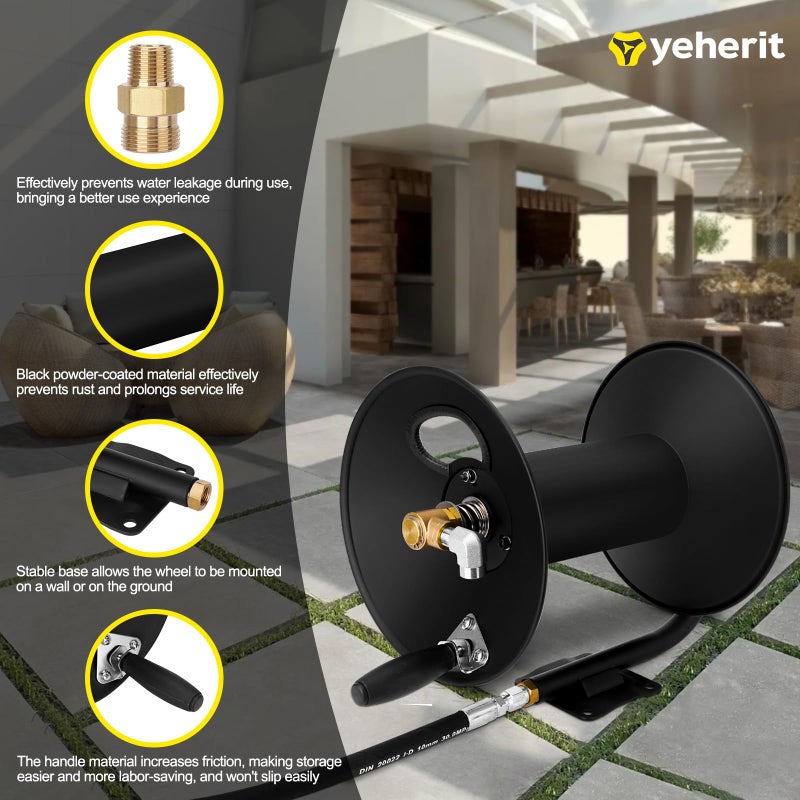 YEHERIT High Pressure Washer Hose Reel 100ft 3/8" NPT, 4000 PSI Heavy Duty Steel Power Washer Hose Reel with Swivel Arm, Mounting Bracket & M22 14mm Fitting, Wall/Machine/Van/Trailer Mount Compatible - Image 2