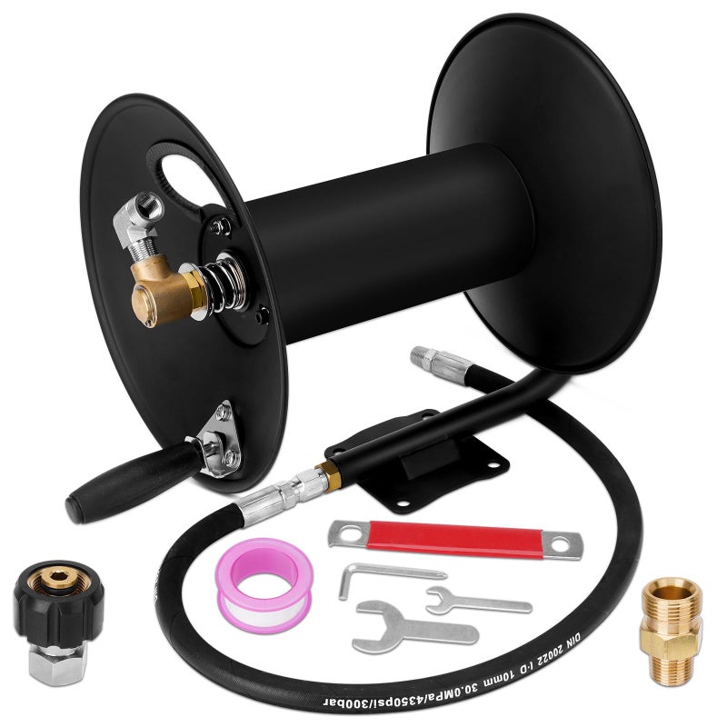 YEHERIT High Pressure Washer Hose Reel 100ft 3/8" NPT, 4000 PSI Heavy Duty Steel Power Washer Hose Reel with Swivel Arm, Mounting Bracket & M22 14mm Fitting, Wall/Machine/Van/Trailer Mount Compatible - Image 1
