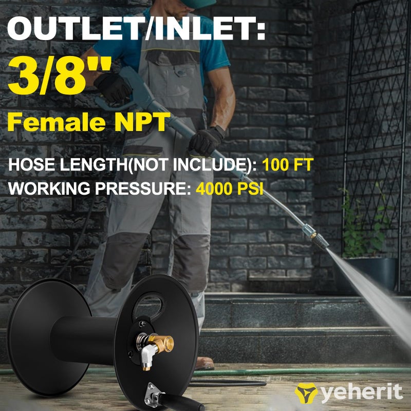 YEHERIT High Pressure Washer Hose Reel 100ft 3/8" NPT, 4000 PSI Heavy Duty Steel Power Washer Hose Reel with Swivel Arm, Mounting Bracket & M22 14mm Fitting, Wall/Machine/Van/Trailer Mount Compatible - Image 4