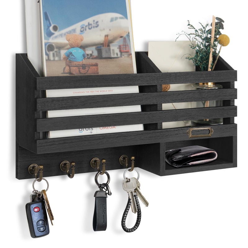 FifthQuarter FifthQuarter Key Holder for Wall Easy Mounted Key Rack and Mail Organizer with Store Shelf and Four Sturdy Keys Hooks Decor in KitchenFarmhouseEntrywayMudroom Black 