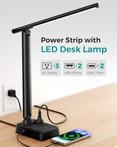 Sompaty LED Desk Lamp with Power Strip 3 AC Outlets 4 USB Ports 2 USBC Stepless Dimming 2800K6500K EyeCaring Desk Light Foldable Table Lamp with 5FT Cord for Home Office Dorm Room Essentials - Image 3