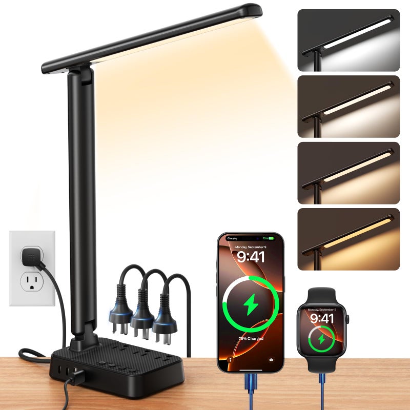 Sompaty LED Desk Lamp with Power Strip 3 AC Outlets 4 USB Ports 2 USBC Stepless Dimming 2800K6500K EyeCaring Desk Light Foldable Table Lamp with 5FT Cord for Home Office Dorm Room Essentials - Image 2