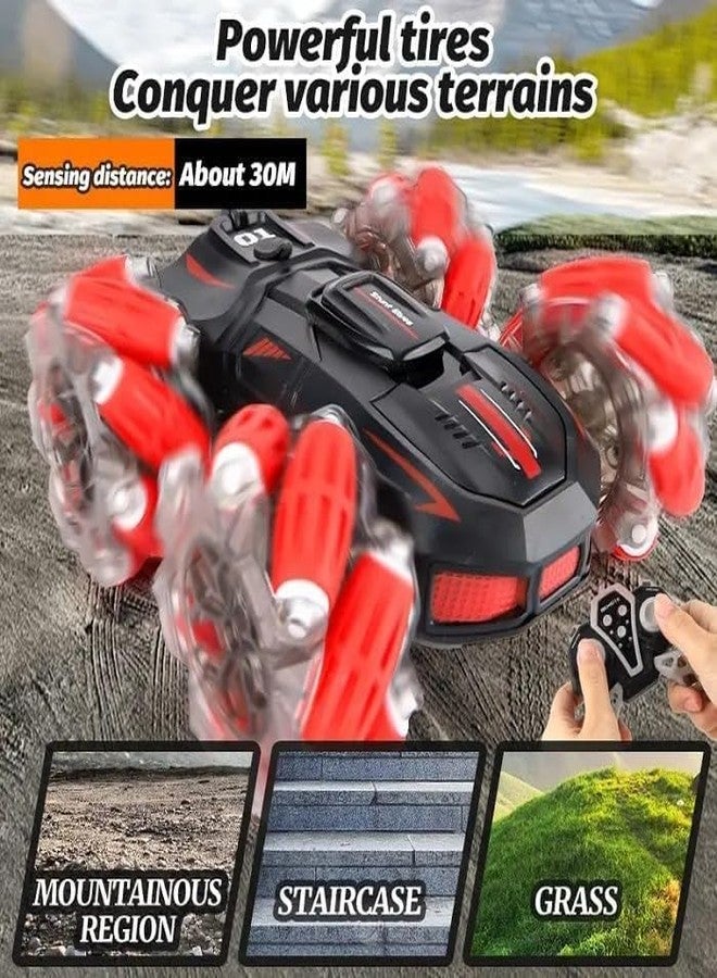 سيارة Ruzarth 2.4G RC Stunt Car - سيارة دفع رباعي للطرق الوعرة مزودة بمستشعر إيماءات، دوران 360 درجة، أضواء LED، موسيقى وسباق عالي السرعة - لعبة تحكم عن بعد للأطفال والكبار، أفضل هدية (أحمر) - Image 4