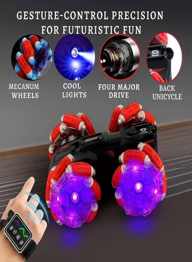 سيارة Ruzarth 2.4G RC Stunt Car - سيارة دفع رباعي للطرق الوعرة مزودة بمستشعر إيماءات، دوران 360 درجة، أضواء LED، موسيقى وسباق عالي السرعة - لعبة تحكم عن بعد للأطفال والكبار، أفضل هدية (أحمر) - Image 3