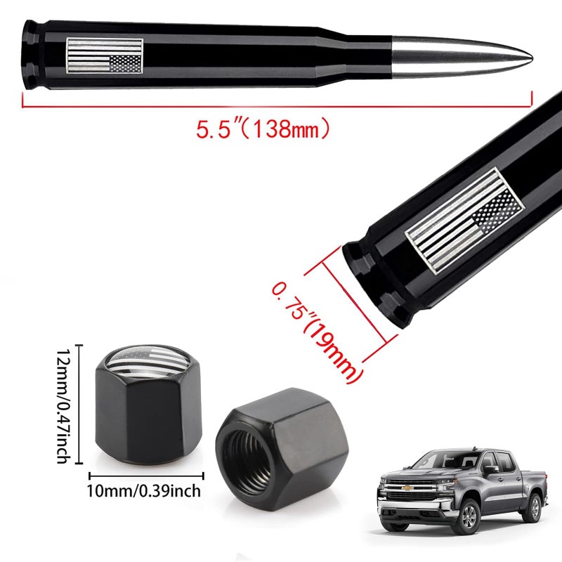 HVSTTPK American Flag Car Truck Bullet Antenna with Valve Stem Caps, Universal Mast for GM Chevy Silverado 1500 2500 3500 HD Avalanche Ford F150 F250 F350 Denali Heavy Duty Pickup Trucks Accessories (Silver) - Image 4