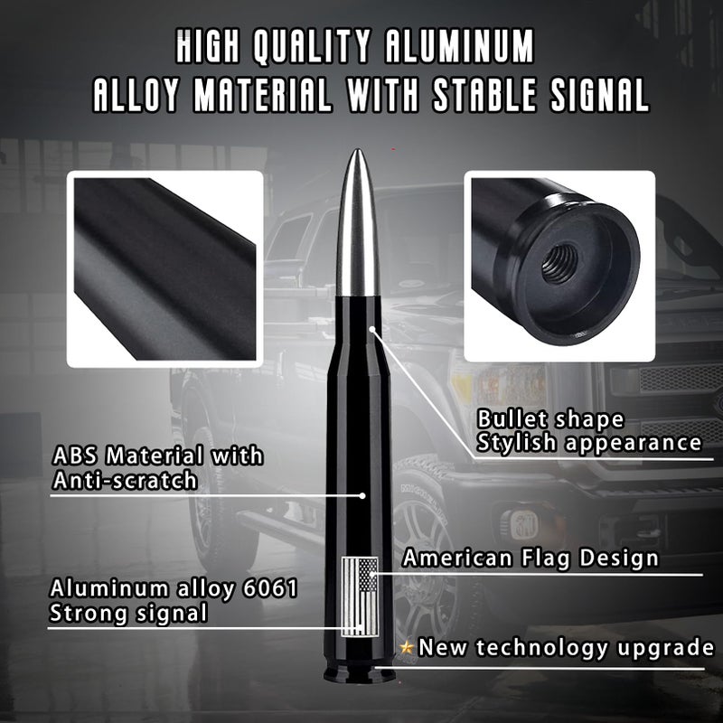 HVSTTPK American Flag Car Truck Bullet Antenna with Valve Stem Caps, Universal Mast for GM Chevy Silverado 1500 2500 3500 HD Avalanche Ford F150 F250 F350 Denali Heavy Duty Pickup Trucks Accessories (Silver) - Image 2