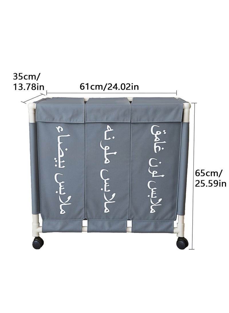 3-Section Laundry Basket  with Wheels Grey 61*35*65cm - Image 4