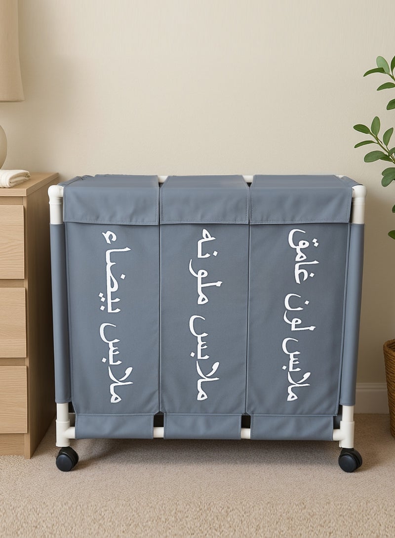 3-Section Laundry Basket  with Wheels Grey 61*35*65cm - Image 2