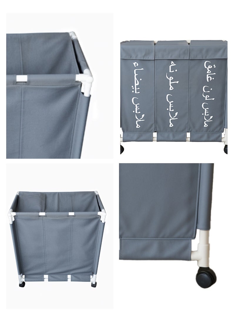 3-Section Laundry Basket  with Wheels Grey 61*35*65cm - Image 5