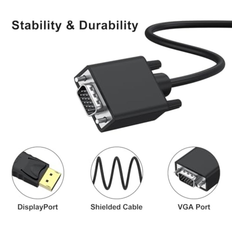 كابل DisplayPort إلى VGA بطول 6 أقدام، محول DisplayPort DP إلى VGA مطلي بالذهب (ذكر إلى ذكر) متوافق مع الكمبيوتر، وسطح المكتب، والكمبيوتر المحمول، والكمبيوتر الشخصي، والشاشة، وجهاز العرض، والتلفزيون عالي الدقة (ليس ثنائي الاتجاه) - Image 2