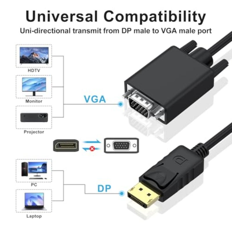 كابل DisplayPort إلى VGA بطول 6 أقدام، محول DisplayPort DP إلى VGA مطلي بالذهب (ذكر إلى ذكر) متوافق مع الكمبيوتر، وسطح المكتب، والكمبيوتر المحمول، والكمبيوتر الشخصي، والشاشة، وجهاز العرض، والتلفزيون عالي الدقة (ليس ثنائي الاتجاه) - Image 5