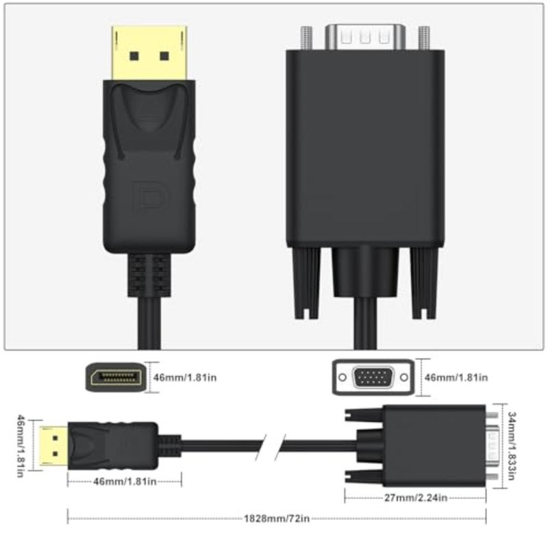كابل DisplayPort إلى VGA بطول 6 أقدام، محول DisplayPort DP إلى VGA مطلي بالذهب (ذكر إلى ذكر) متوافق مع الكمبيوتر، وسطح المكتب، والكمبيوتر المحمول، والكمبيوتر الشخصي، والشاشة، وجهاز العرض، والتلفزيون عالي الدقة (ليس ثنائي الاتجاه) - Image 3